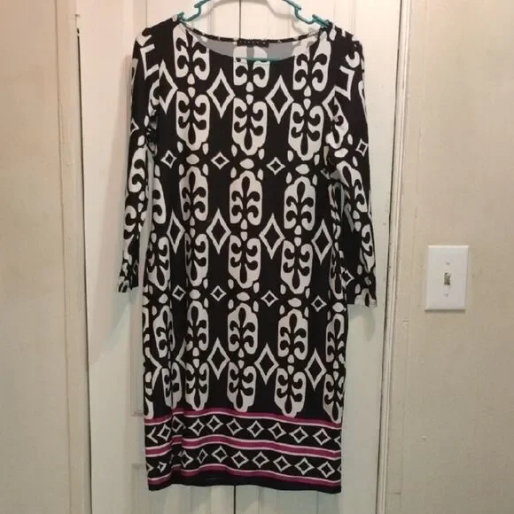 Tiana B. Long Sleeve Black and White Dress with Pink Trim - Picture 2 of 7